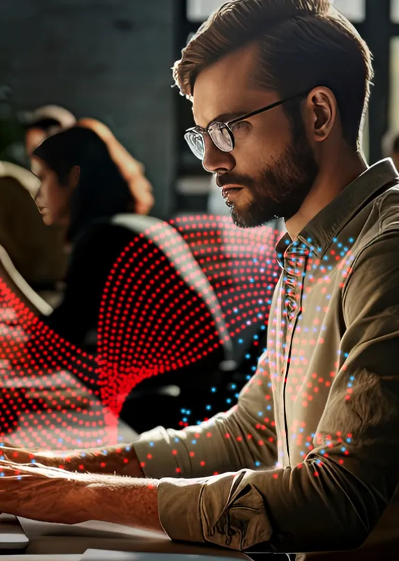 Man working on a computer in a busy office environment 